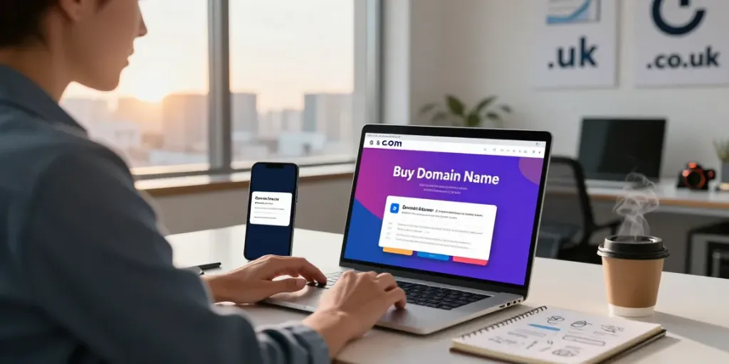 Buy domain name on a laptop during a professional workspace session.