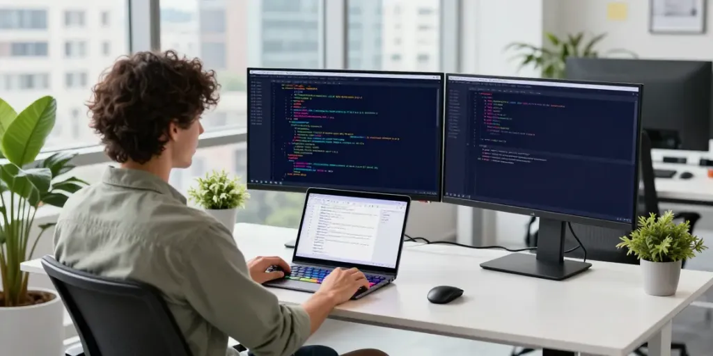 Developer using instant indexing tools in a vibrant tech workspace.
